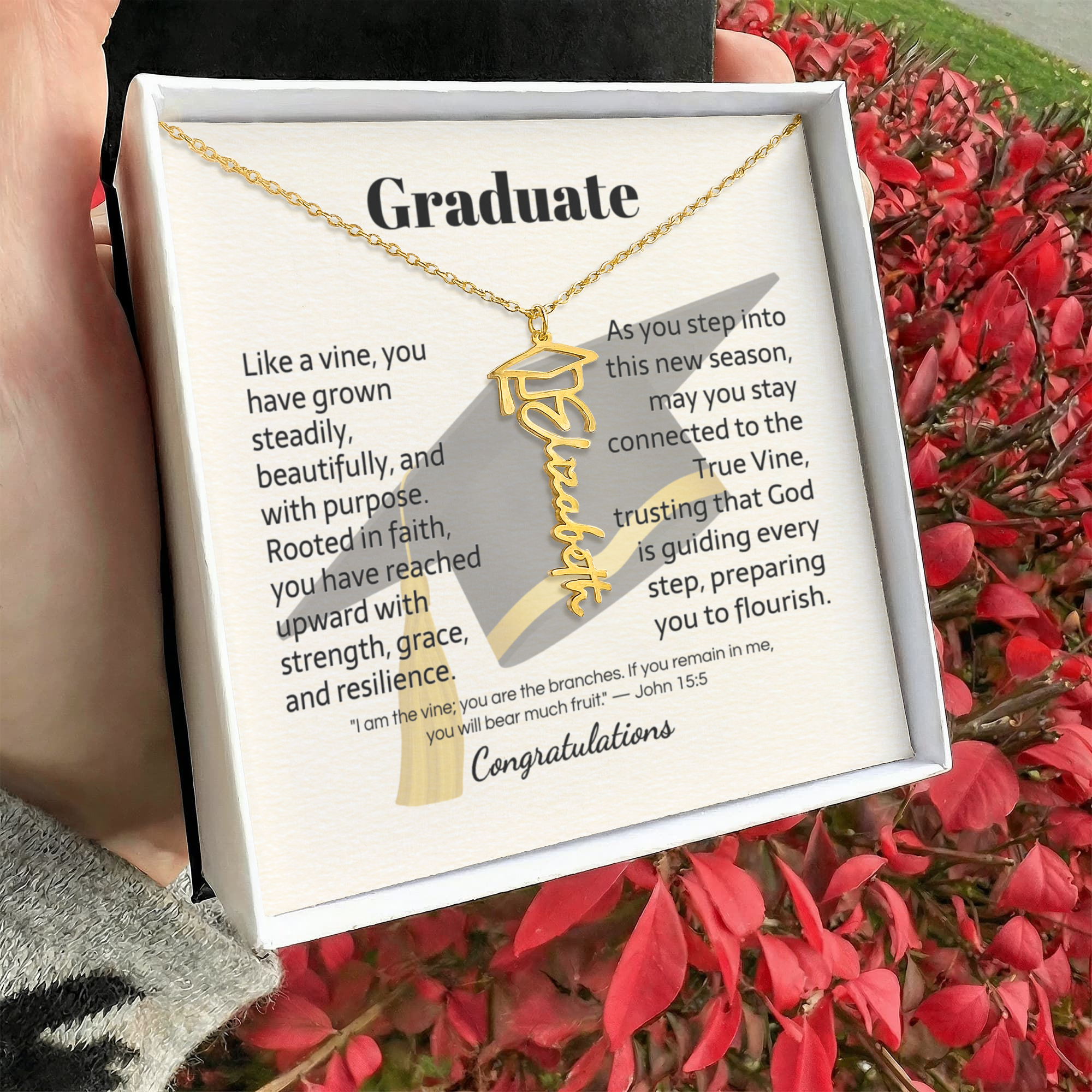 Graduate Graduation Cap Name Necklace | John 15:5 Christian Gift